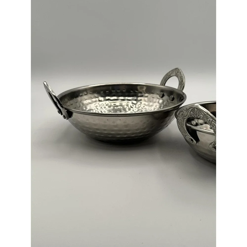 Pair of Hammered Metal Bowls — Ornate Engraved Handles, Vintage Decorative Bowls